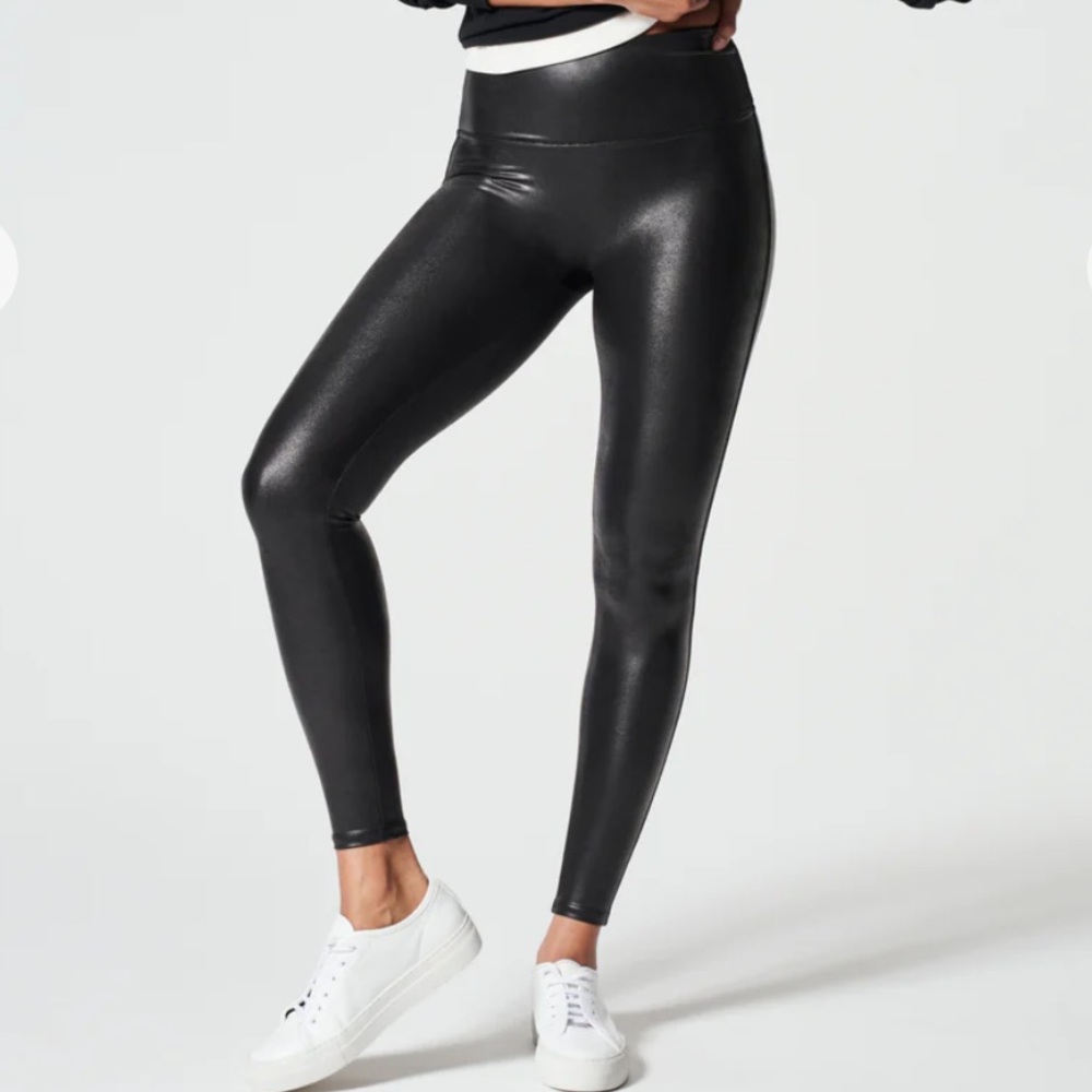 SPANX Faux Leather Leggings Tights Black Sz Small Shaping Waistband Compression